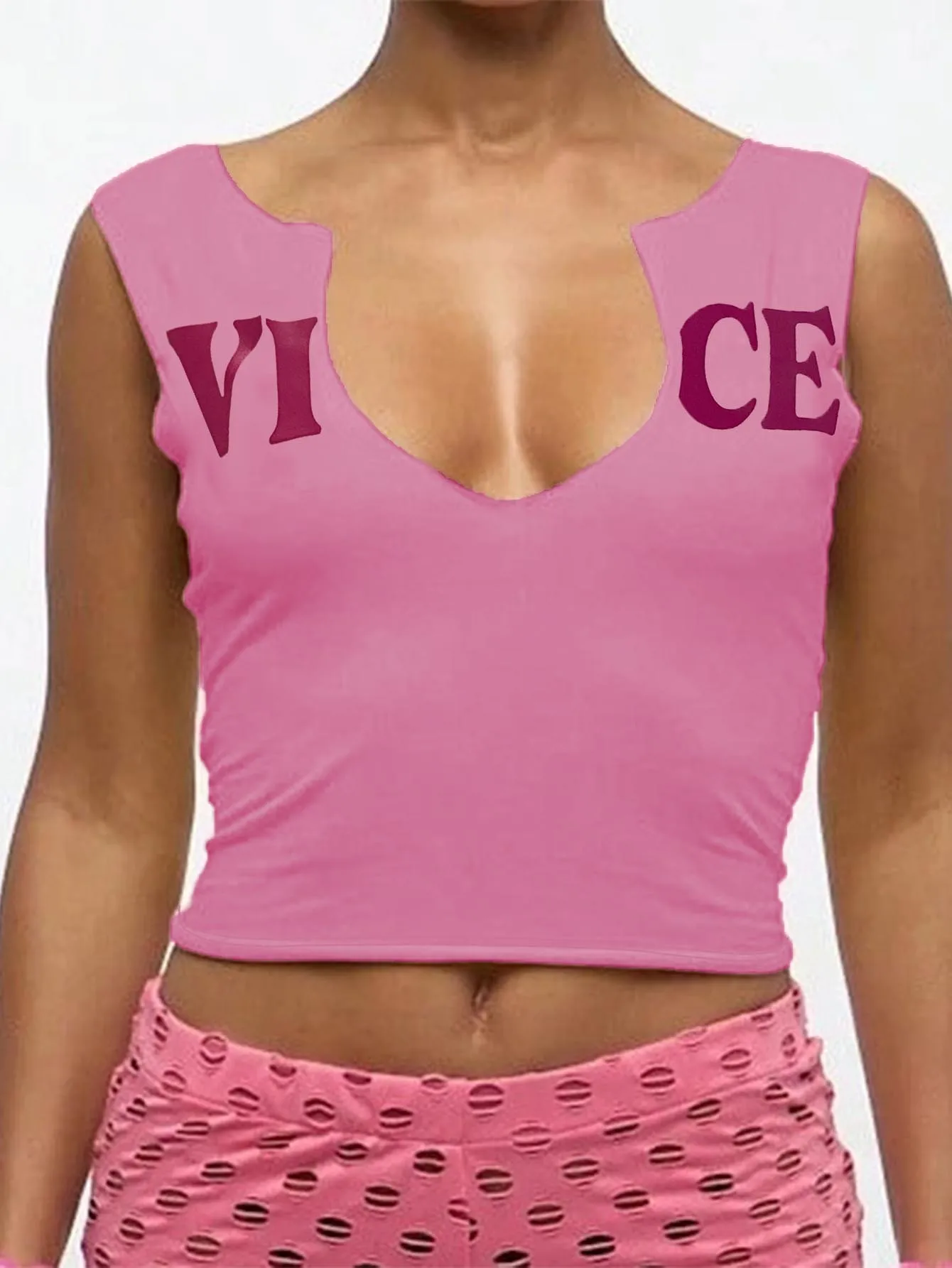 American Casual Women Pink Notch V‑Neck Letter Print Tank Top Stretch Slim Cropped Sleeveless Inner Top