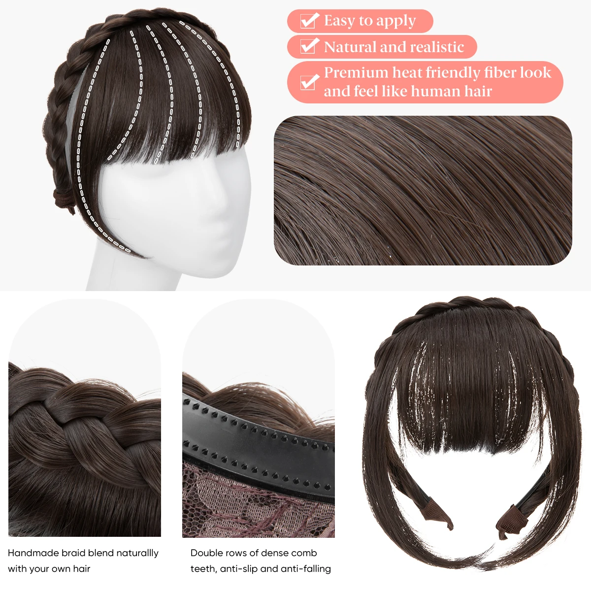 Natural Synthetic Headband Bangs Extension Fake Hair Blunt Fringe with Long Sides Daily Use Brown Blonde Hairpiece For Women