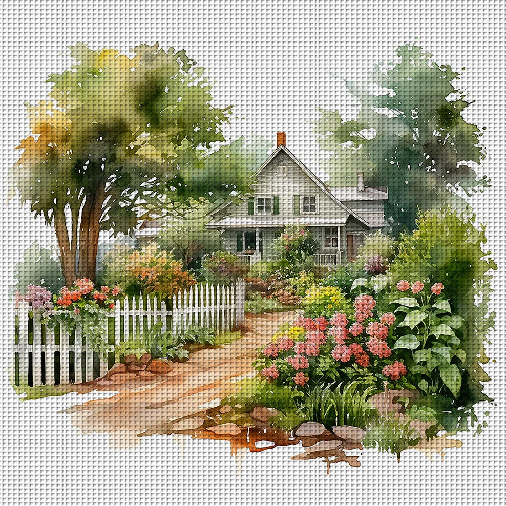 1 Stück 36x36cm/14,1x14,1 Zoll, 11CT Druck-Kreuzstich-DIY-Set, Cottage Garden Serenity, Entspanntes Kreuzstich-Set für Erwachsene Anfänger S