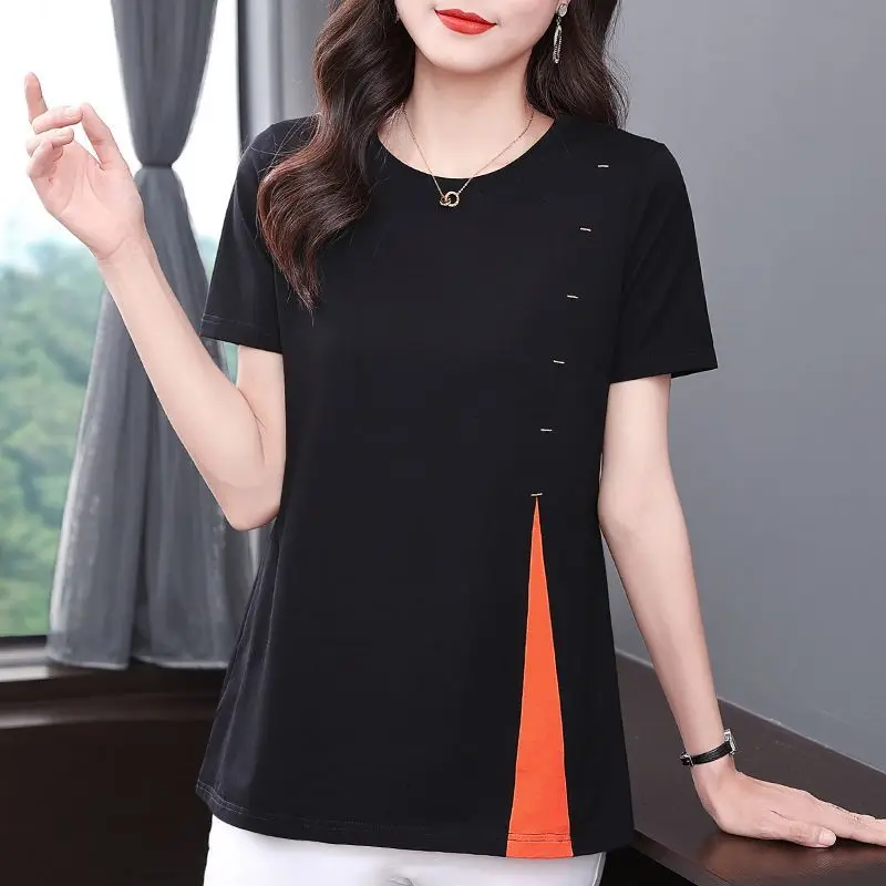 New Spring and Summer Women's Contrast Color O-Neck Short Sleeve Loose Plus Size Pullovers Fashion Casual All-match Tops