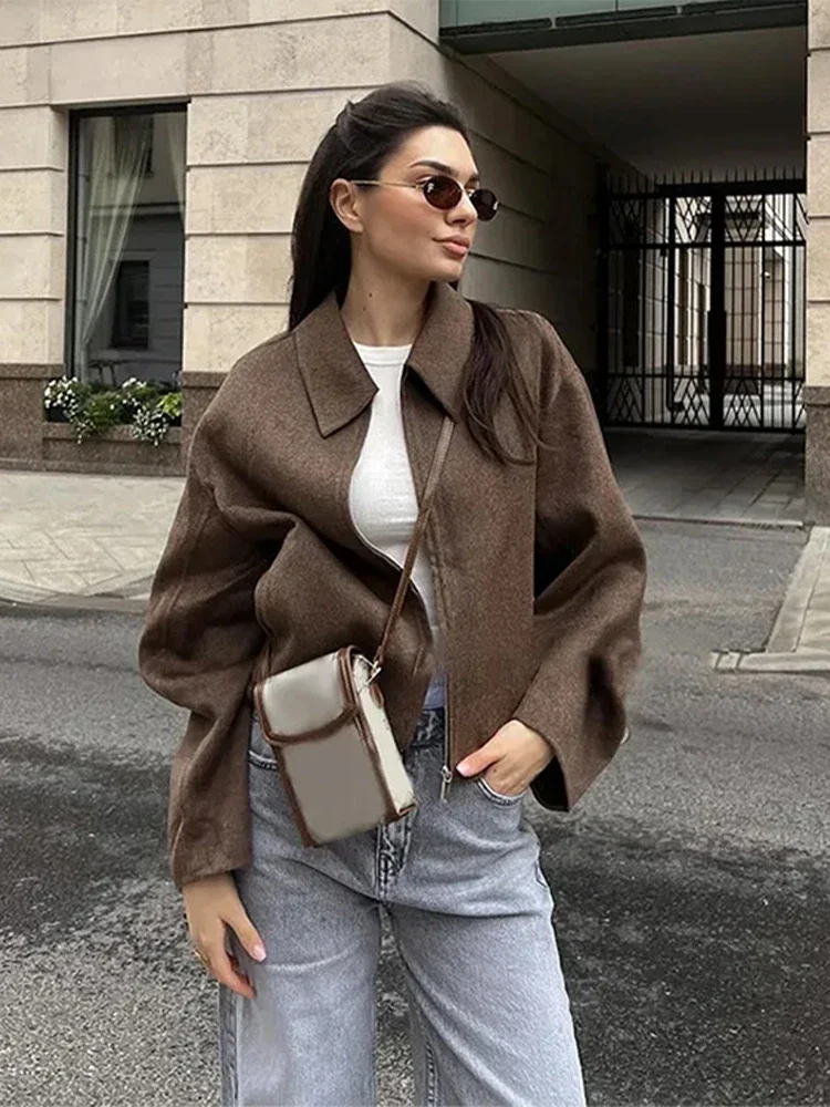 Vintage Brown Woolen Jacket For Women Loose Laple Long Sleeve Zipper Thicken Female Coats 2025 Spring Autumn New Lady Outwears