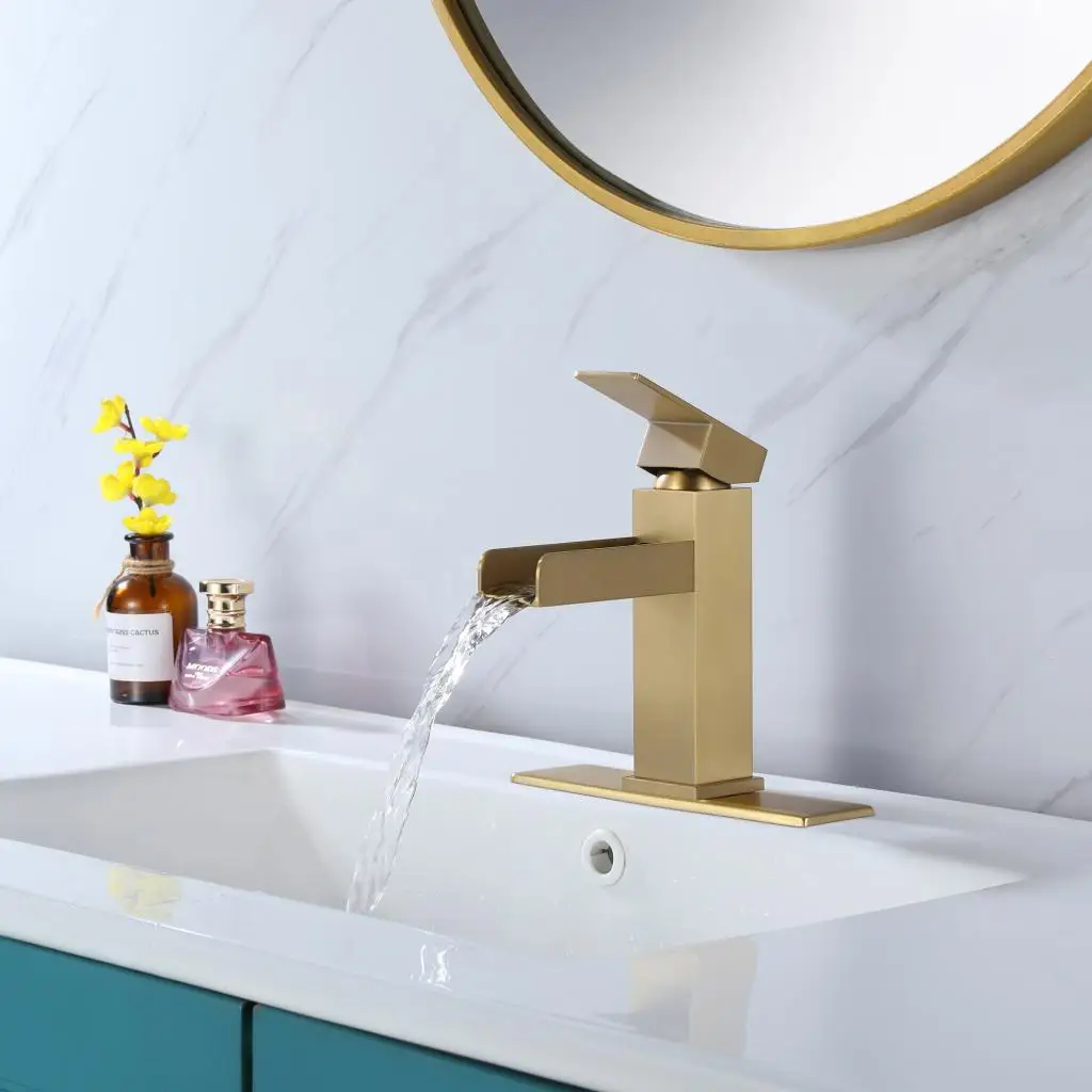 Brushed Gold Brass Bathroom sink faucet High Quality Luxury Hot Cold Water Wash basin tap Gold One Hole Waterfall Lavabo faucet