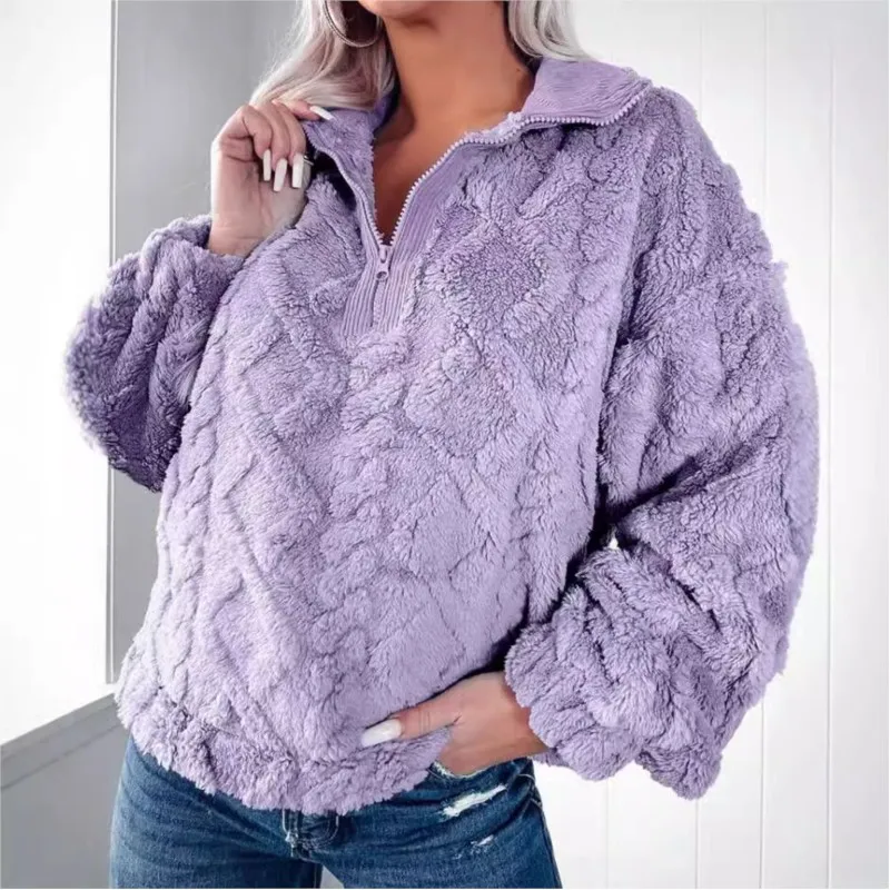 Women's Knitting Sweater Elegant Zipper Plush Thermal Warm Sweater Autumn & Winter Long Sleeve Solid Color Pullover Sweatshirt