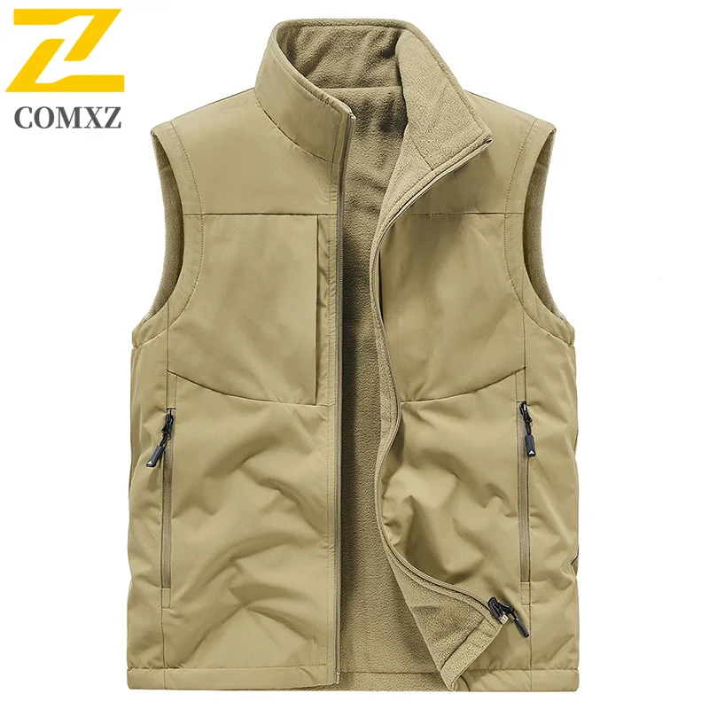 Autumn Outdoor Fishing Vest Men's 2025 New Fleece Warm Multi-pocket Sleeveless Vests Coat Male Hunting Running Sports Waistcoat