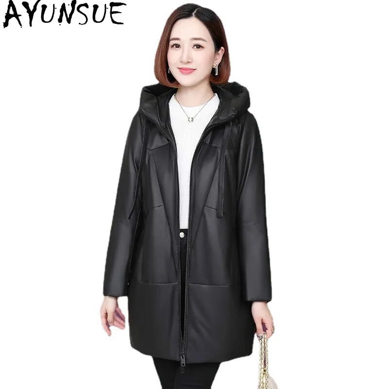 AYUNSUE 정품 가죽 자켓 여성 90% 화이트 오리 다운 겨울 의류 2025 여성용 중간 길이 양피 코트 Jaqueta Couro