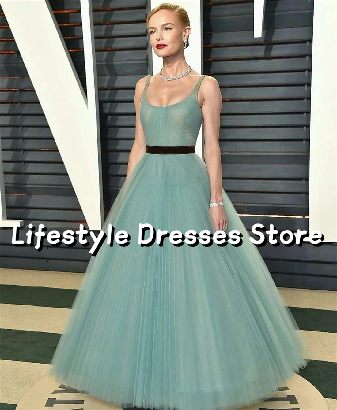 

Mint Sleeveless Vintage Tulle Prom Dresses Black Sash A-line Evening Dresses Party Gown vestidos para eventos especiales