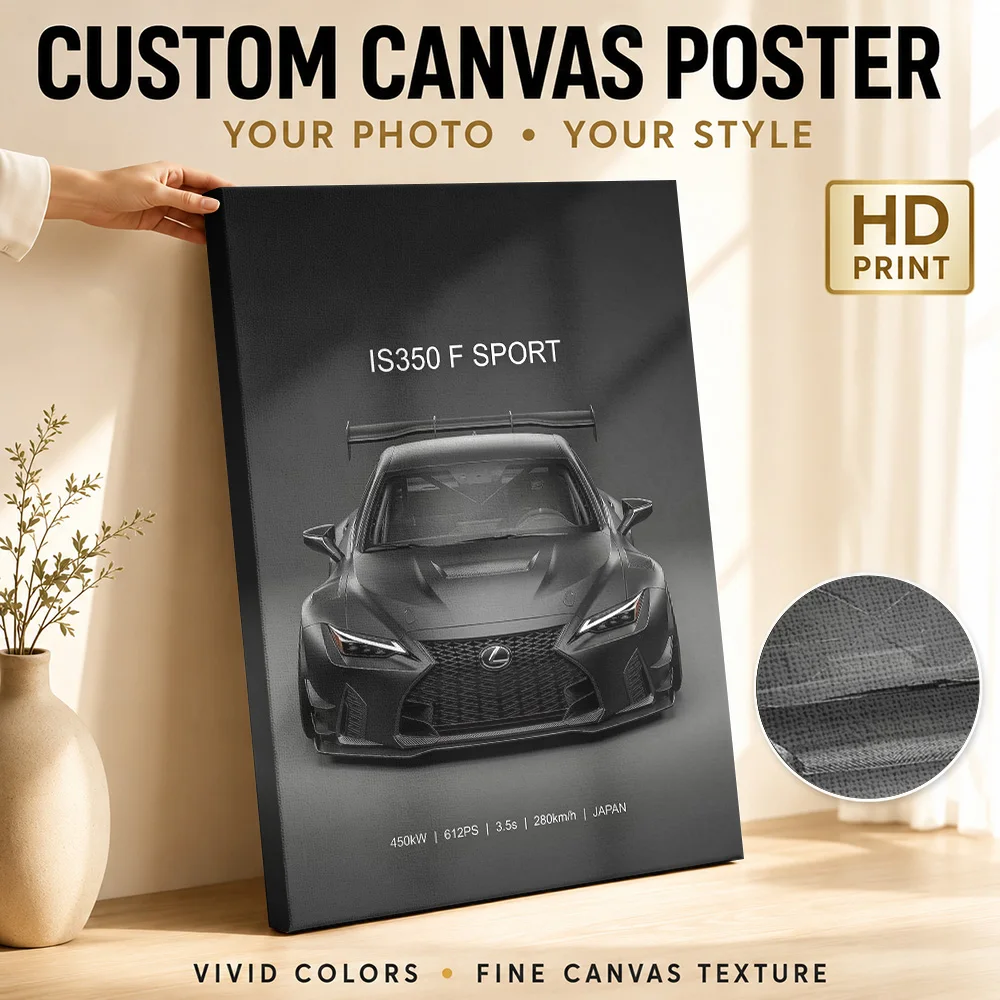 A sleek black Sports IS350 F SPORT Race Car Canvas Poster Personalized Retro Automotive Wall Paintings Decoration for Man Cave