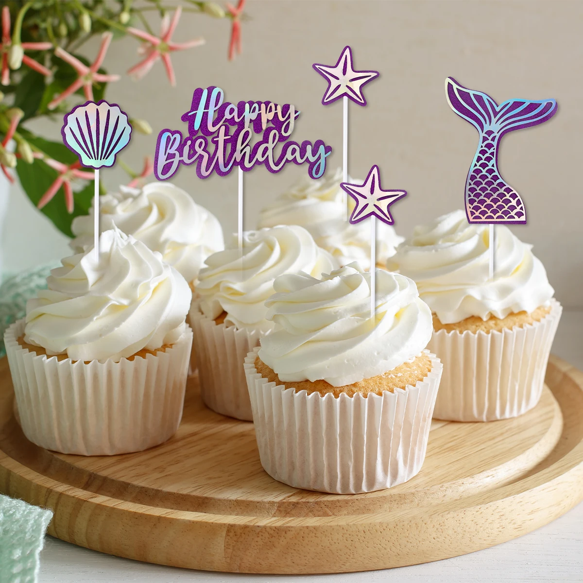 Glitter Mermaid Cake Topper Mermaid Tail Shell Happy Birthday Cupcake Topper For Birthday Dessert Cake Decoration Under the Sea view 3