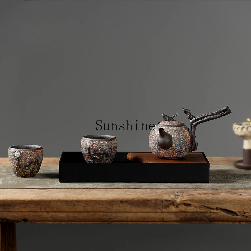 Japanese rock mine side handle pot Takayoshi handmade firewood tea set teapot