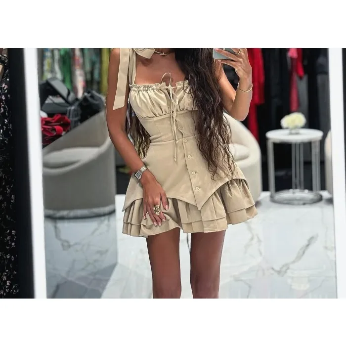 Zomer Slanke Roze Damesjurk 2025, Mode Band Mouwloze Mini-jurken Elegante Klassieke Kant-Up Geplooide Vrouwelijke Korte Rokken