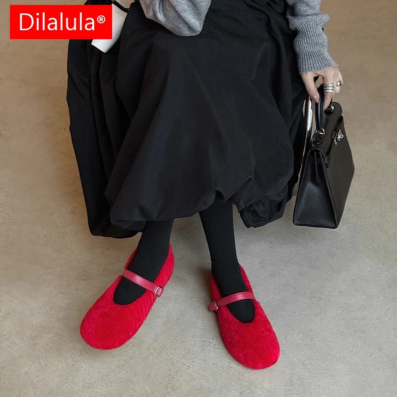 

Dilalula 2026 Autumn Winter Warm Wool Mary Janes Shoes Women Flat Heel Buckle Up Warm Dance Shoes Lady Causal Red Flats