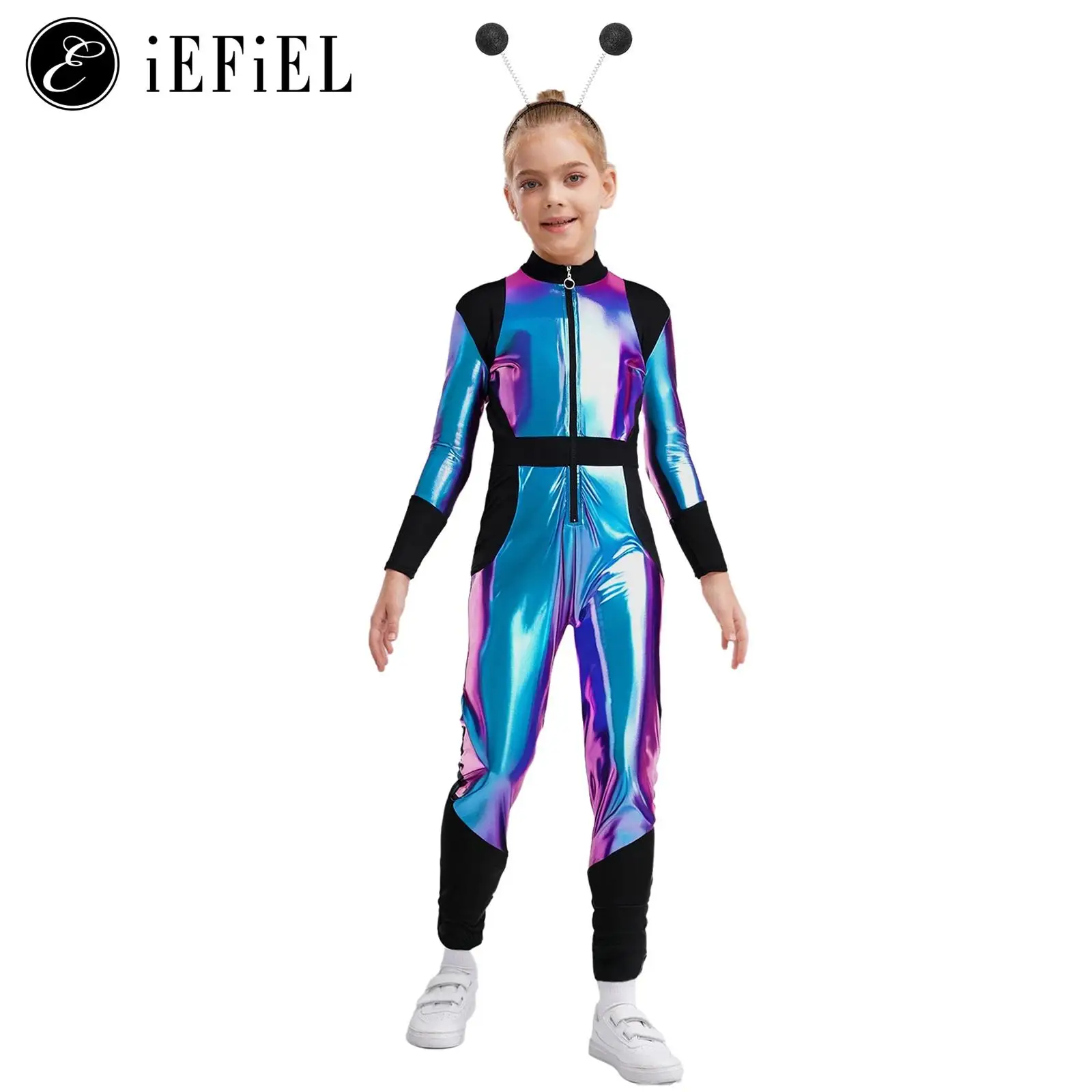 

Unisex Boys Girls Galaxy Guard Alien Robot Halloween Cosplay Costume Metallic Zip Neck One Piece Jumpsuits with Headband