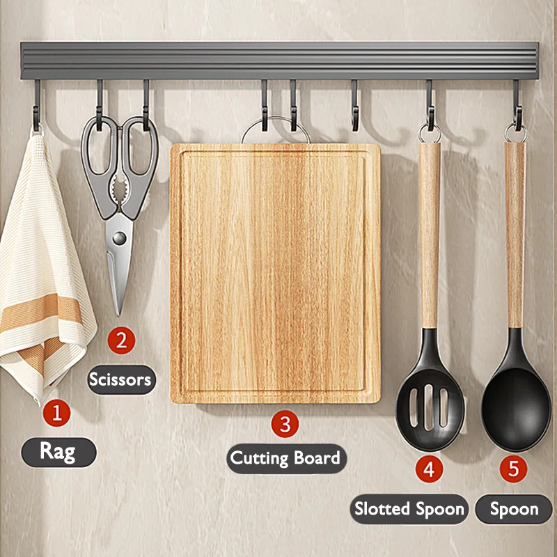 Kitchen Storage Rack Adhesive Shelves Wall Mounted with Movable Hook Spoon Shovel Holder Organizer Kitchen Utensil Accessories