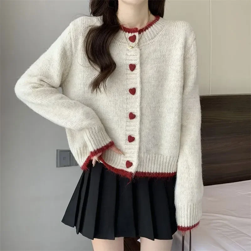 2026 Women Knitted Cardigan Autumn Winter O-Neck Single Breasted Heart-shaped Button Sweater Korean Casual Solid Knitwear Tops