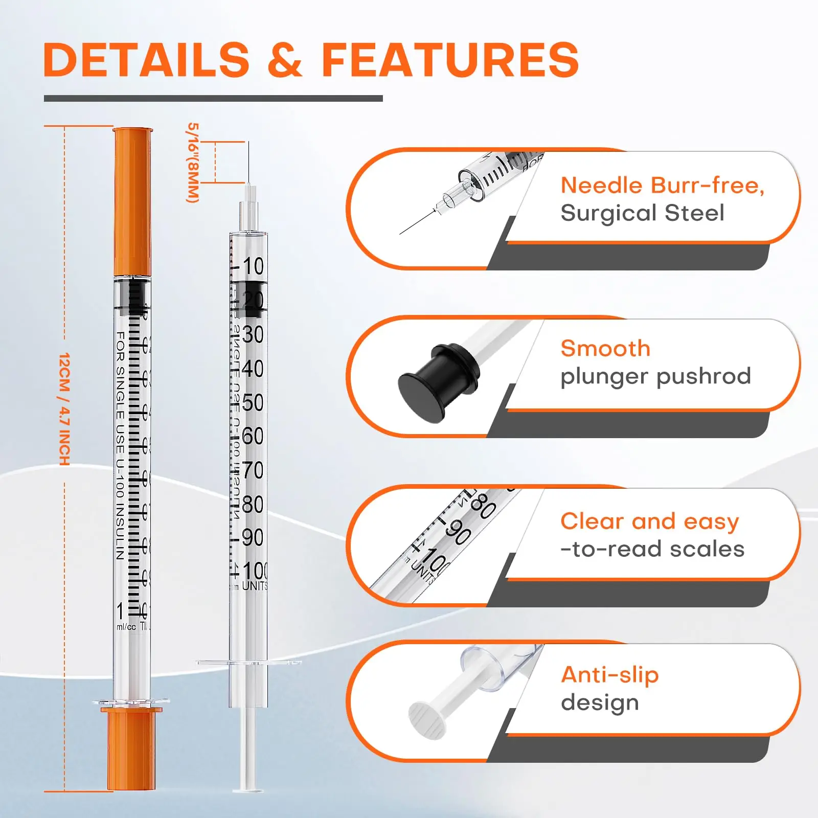 100 قطعة/صندوق 1 مللي/1cc 31 جرام 8 مللي متر حقنة الأنسولين مع غطاء برتقالي إبرة ، معقمة بشكل فردي معبأة للسلامة لاستخدام الحيوانات الأليفة في المزرعة