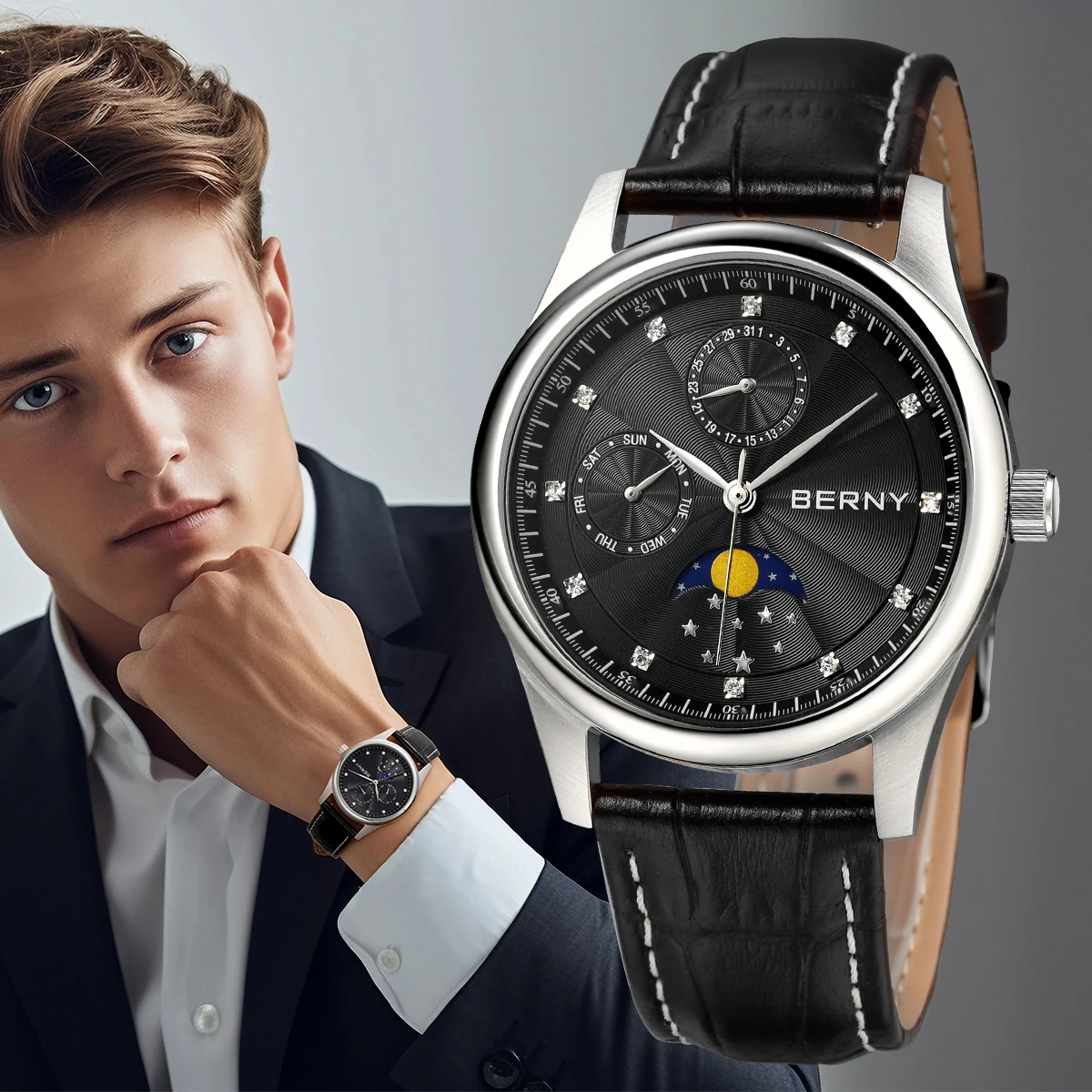 BERNY Men Watch Date Weeks Moon Phase Quartz Watches for Men Stainless Steel Leather Strap Business Wristwatch Male Clock