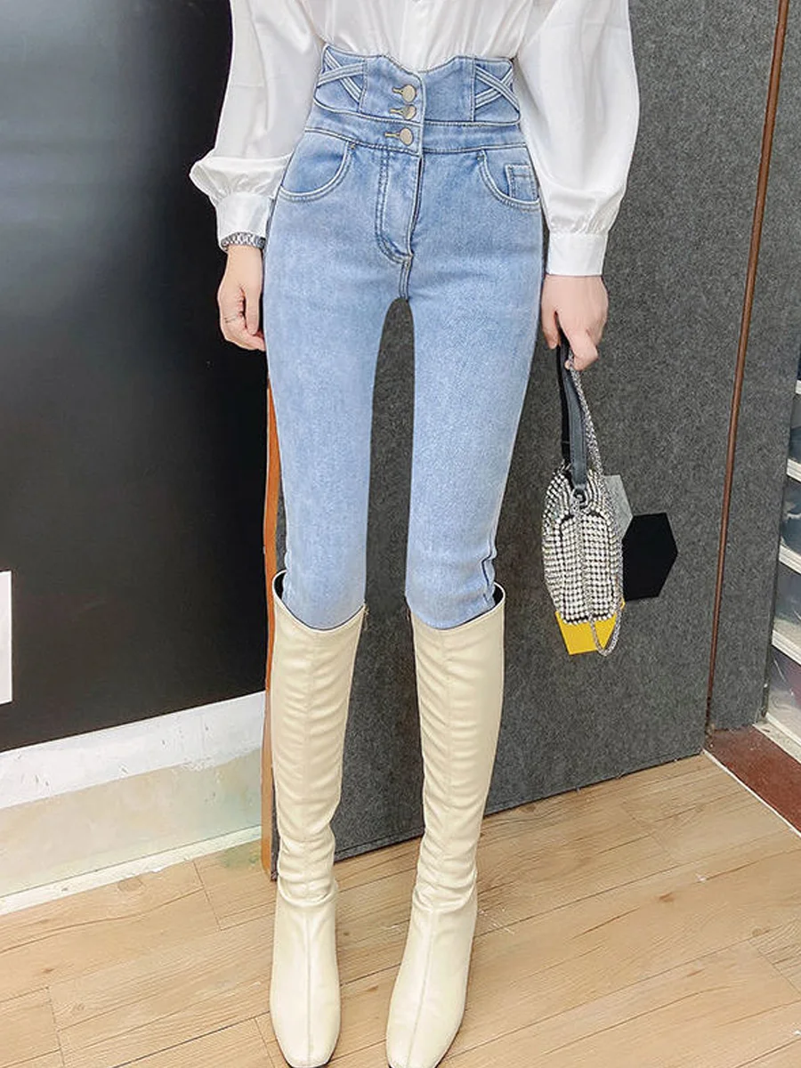 

Fleece Lined High Waist Skinny Jeans Women's Summer New Slimming Lengthening Tightening Abdomen Pencil Small Foot Long Pants