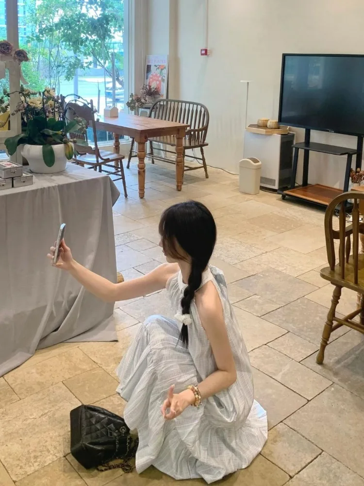 فساتين نسائية بدون أكمام بفيونكة رسن فضفاضة لربيع وصيف 2025 فستان أنيق أنيق غير رسمي على الطراز الفرنسي #4