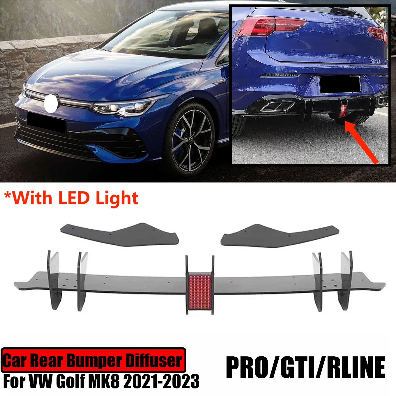 

Rear Bumper Lip Diffuser Extension Spoiler Spilitter Protector Body Kit For Volkswagen VW Golf MK8 GTI PRO RLINE 2021 2022 2023