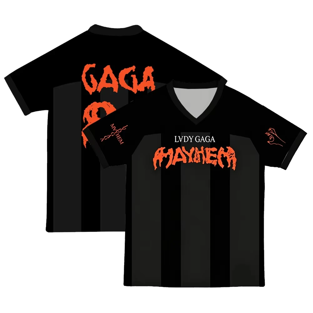 Men Women Stripe LADY GAGA Mayhem Mesh Jersey Y2K Metal Gothic Streetwear Loose Sport Tee Breathable Quick Dry Shirt for Concert