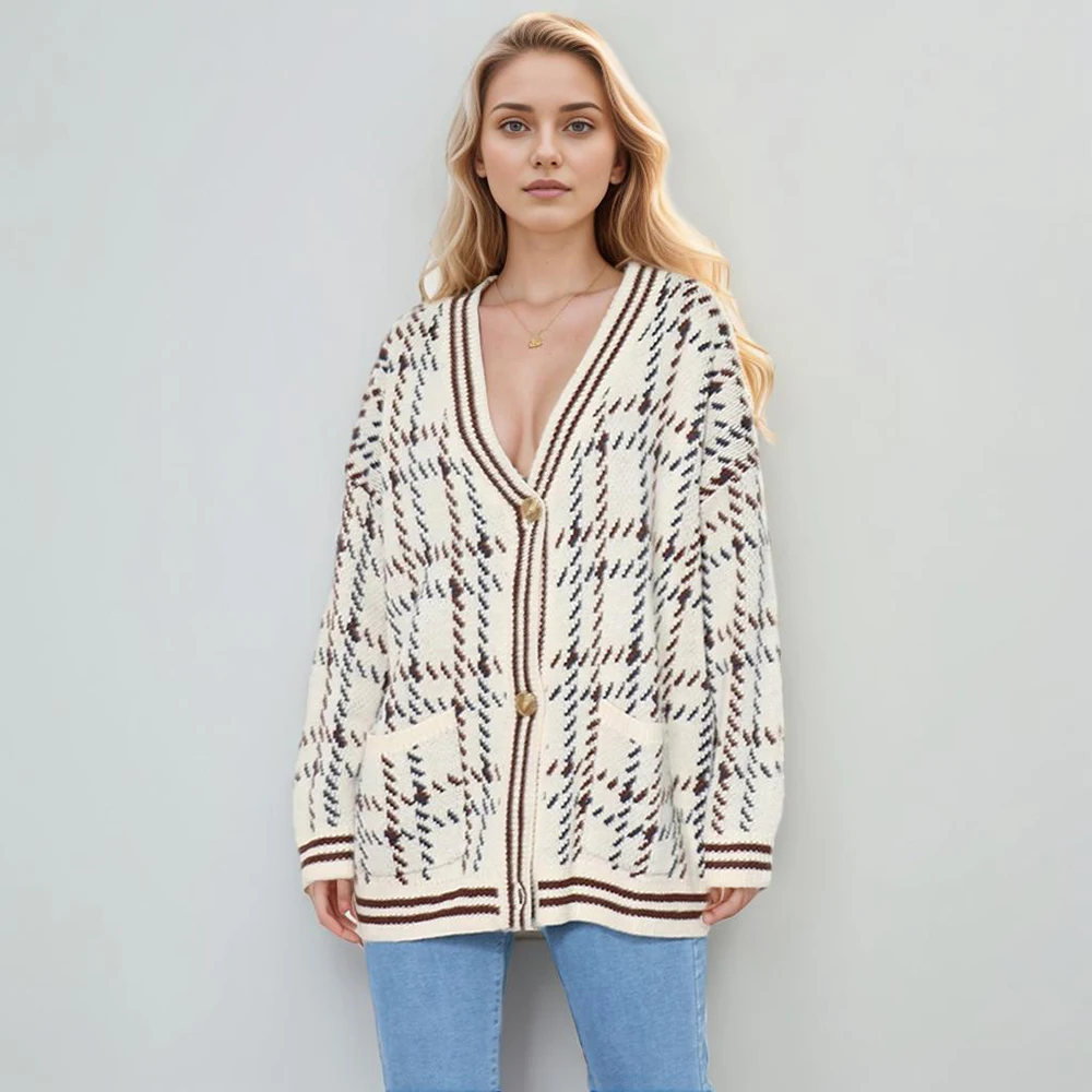 

Plaid Print Hit Color Sweater For Women V Neck Long Sleeve Casual Loose Korean Sweaters Female Spring Fashion New Clothing