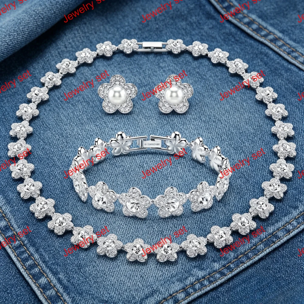 Original 2026 New Flower Necklace Bracelet Fashion Fine Jewelry Set Charm Geometric Green Necklace Ring Earrings Romantic Gift