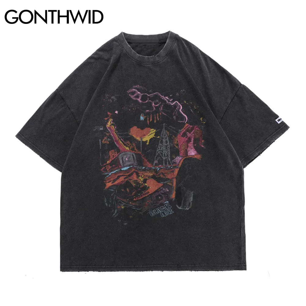 GONTHWID Oversized T-Shirts Hip Hop Distressed Graffiti Punk Rock Gothic Tee Shirts Streetwear Harajuku Hipster Short Sleeve Top