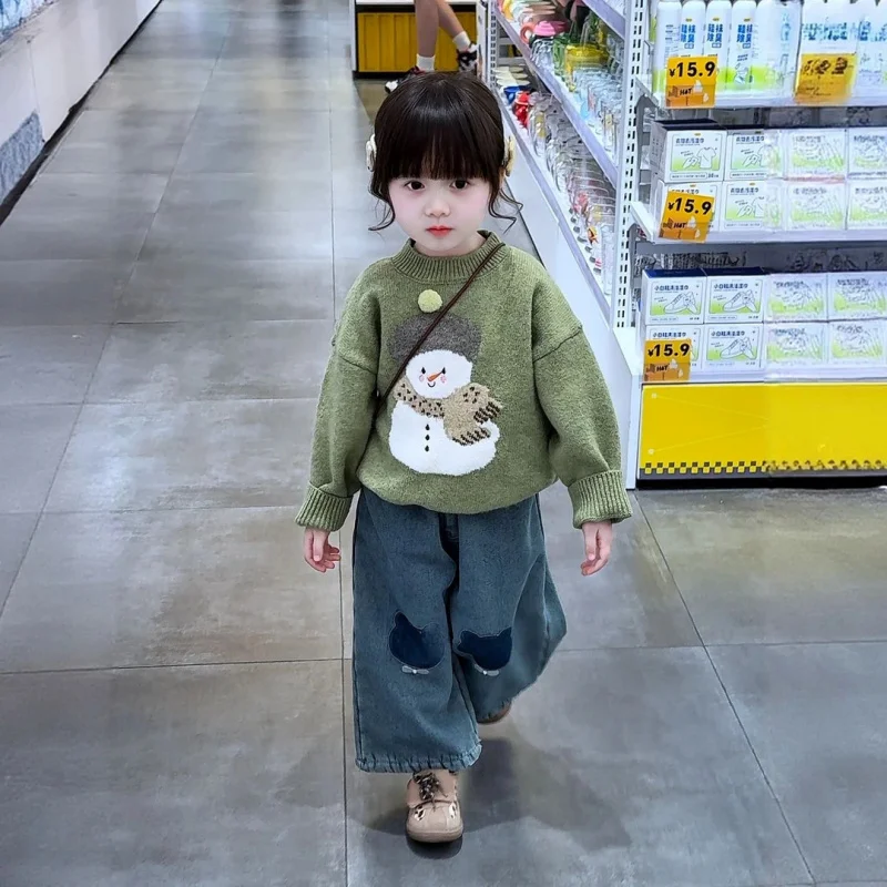 Girls' Winter Outfit Pullover New High-end Feel Boys and Girls Baby Knitted Little Snowman Top Thickened Jeans