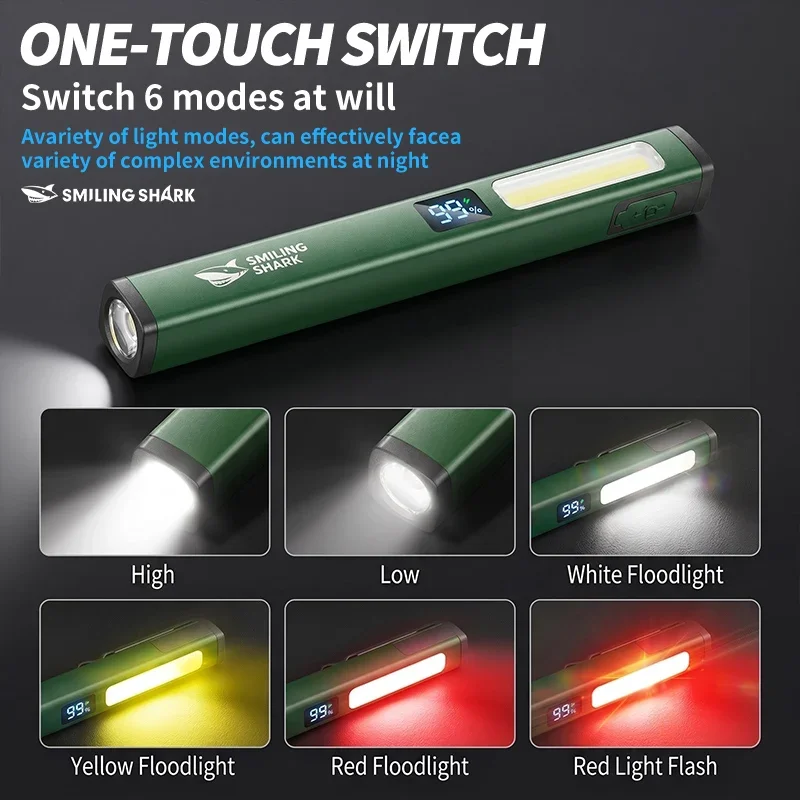 SMILING SHARK GZ5112 Magnetic Work Light 6Mode LED Flashlight COB Sidelight Clip Type‑C Rechargeable for Outdoor Lighting