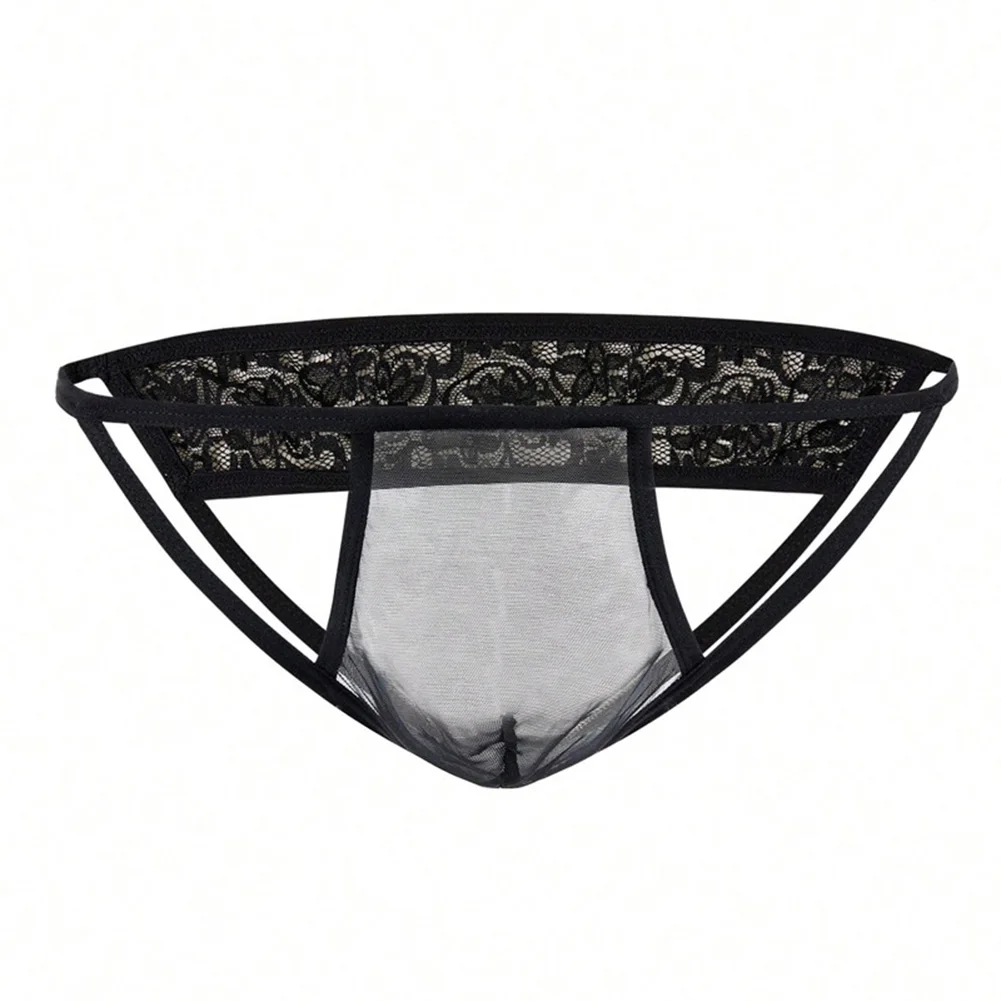 

Sheer Lace Men's G-String Thong Underwear with Open Butt Design - Low Waist Hollow Out Panties for Sexy Comfortable Fit in Black
