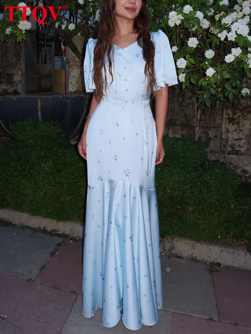 TTQV Summer Loose Print Women's Dress 2026 Fashion O-Neck Short Sleeve Maxi Dresses Elegant High Waist Pleated Female Dress - Detail 1