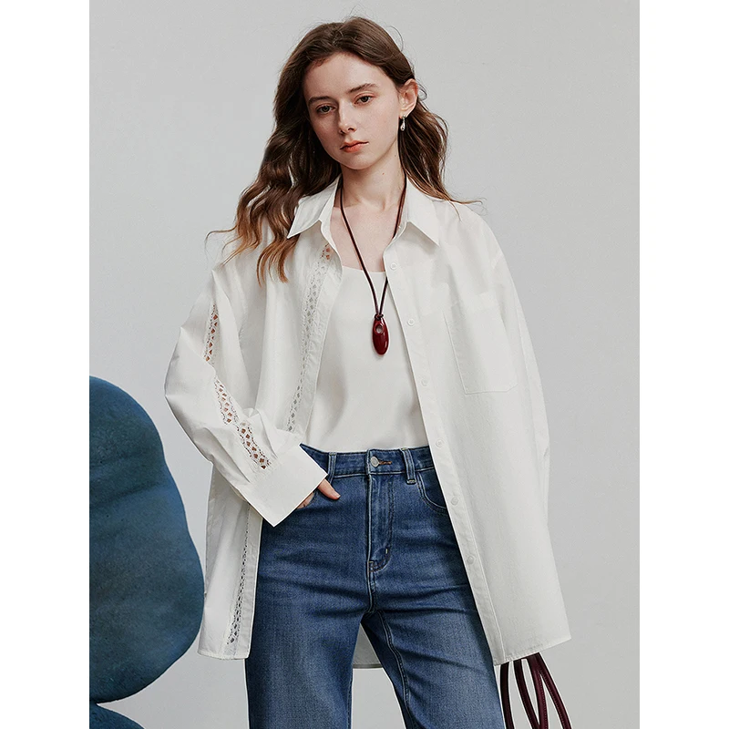 TOYOUTH Women Blouse Shirt 2025 Spring New Lyocell Cotton Hollow Lace White Shirt