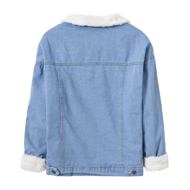 Winter Fleece Denim Jacke Für Frauen Revers Einreiher Patchwork Blau Jacken Amerikanischen Casual Mode Einfachen Dicken Mantel