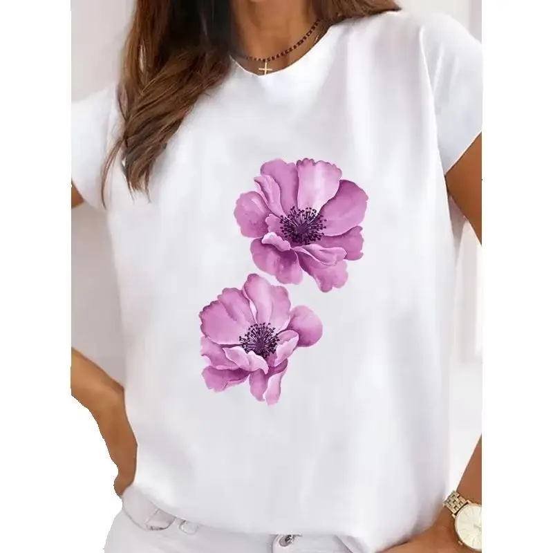 Women's Short-sleeved T-shirt Fashion Bee Flower Print Instagram European Base Shirt Aesthetic Clothes Summer polyester fiber