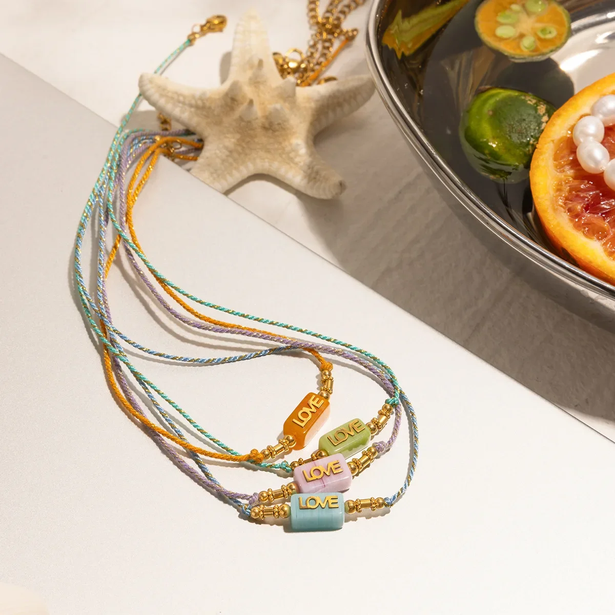 Multicolour Handmade Rope Luckly Summer Neckalce for Women Girls Chunky Colored Square Natural Stone One Piece Choker Jewelry
