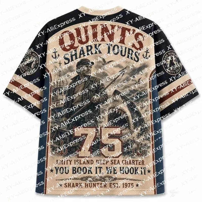 Men's Vintage Sea Hunter T-Shirt Retro Shark Anchor Ship Number 75 Print Quick Dry Breathable Casual Streetwear