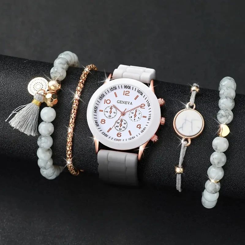 5PCS white comfort silicone strap women\'s quartz watch with marble fringe beaded bracelet set Casual classic wear gift