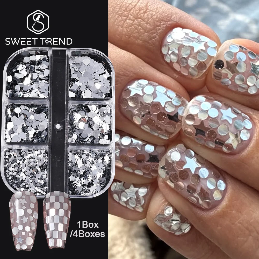 SWEET TREND-1/ 4 Boxen Mini Nail Art Polka Dot Stern Pailletten Flocken Silbern Glänzende Rechteckige Glitzer-Pailletten Zubehör für Maniküre – Detail 1