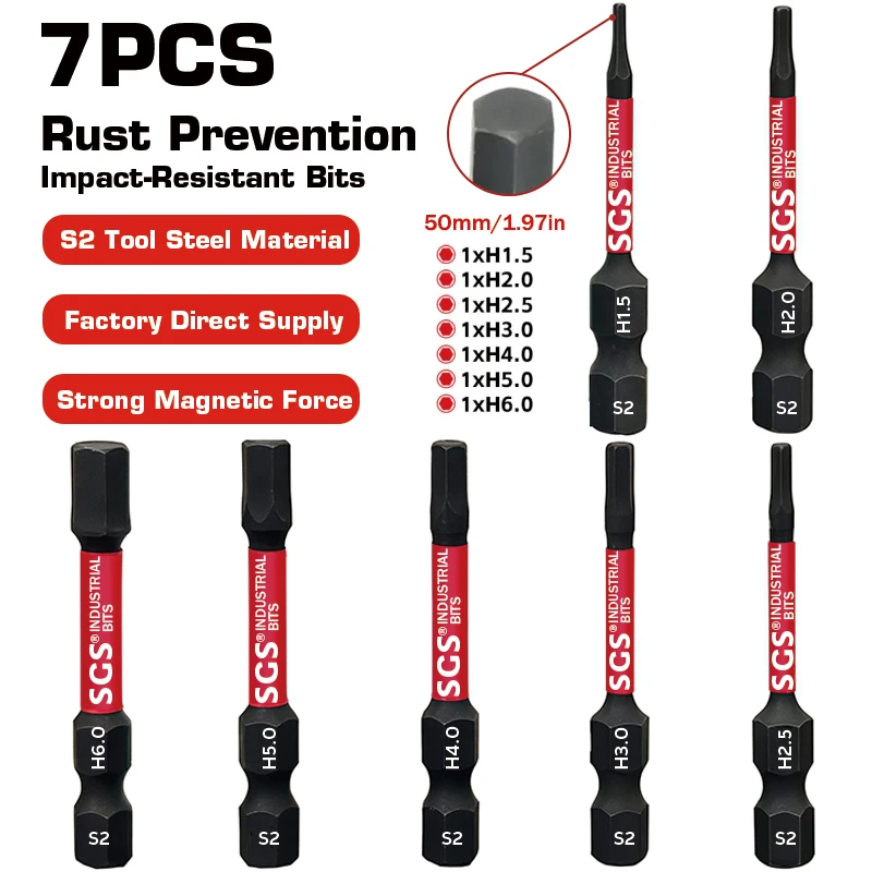 7-Piece Metric Hex Impact Screwdriver Bit Set |   50mm S2 Steel |   H1.5, H2.0, H2.5, H3.0, H4.0, H5.0, H6.0 |   1/ 4inch Hexagonal Handle |   Industrial-Grade Storage Rack with Shelves, Suitable for Car and Machinery Maintenance.