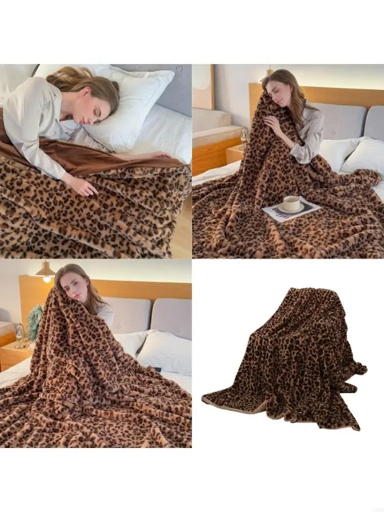 Customizable Size Thick Milk Fleece Throw Blanket Leopard Print Warm for Diverse Home and Office Setting