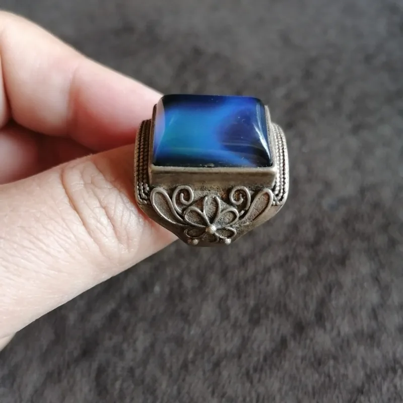Vintage Tibetan Silver Ring,Color-Changing Gem,Antique Patina,Adjustable,Inner Diameter 20.5mm,25g,Collectible Jewelry Wholesale