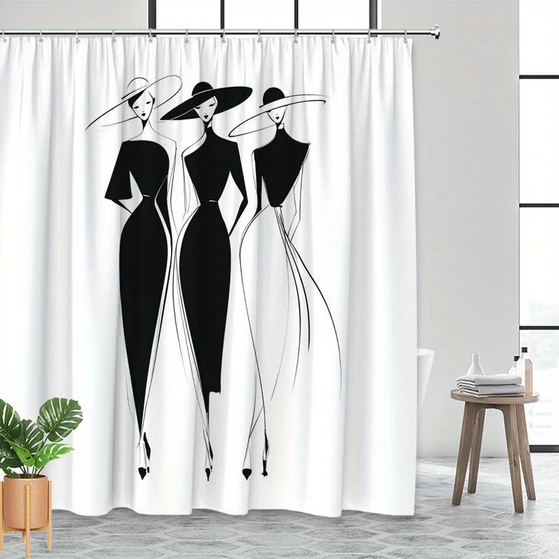 Fashion Girls Shower Curtain, Black White Sketch Lady Waterproof Bath Curtain, Elegant Bathroom Decor for Women