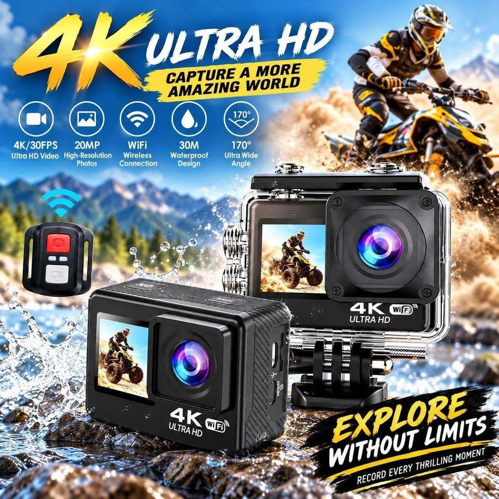 Kamera sportowa 4K Ultra HD z podwójnym kolorowym wyświetlaczem, 170 ° Szerokokątna, z Wi-Fi, wodoodporna do 30 m, z pilotem, do fotografowania podczas nurkowania, jazdy na rowerze i innych