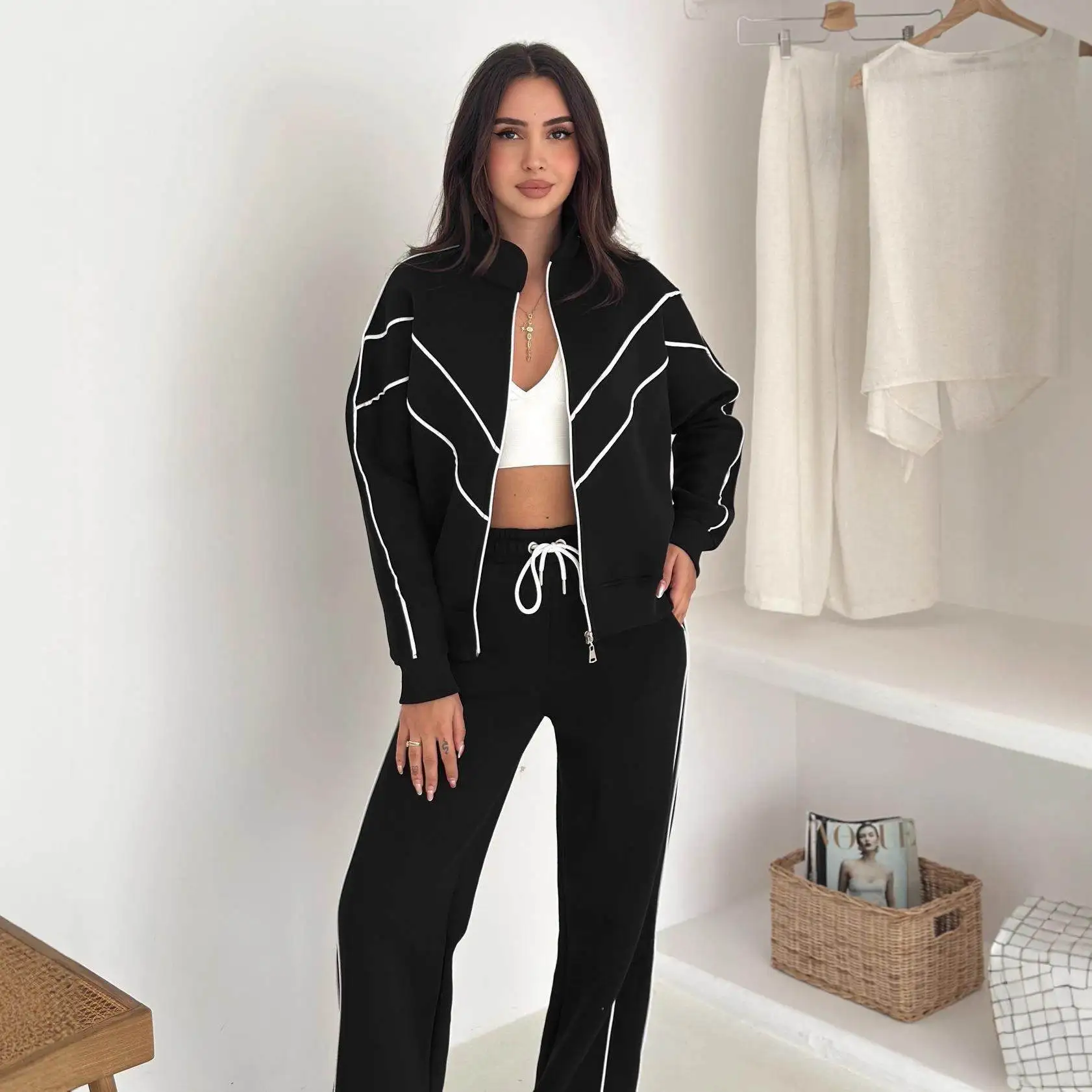 

Casual Street Sle Women's Two-Piece Set Long Sve Collared Open Cardigan Elastic Long Pants Comfortable Breathable PVC Ma...