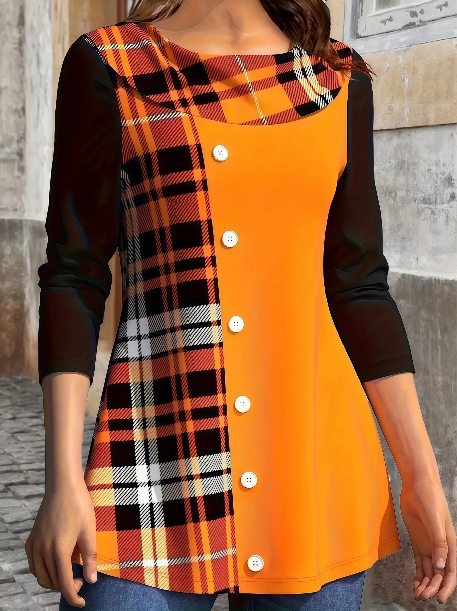 Women Plus Size Long Sleeve T Shirt Plaid Color Contrast Floral Print Round Neck Button Front Autumn Casual Top