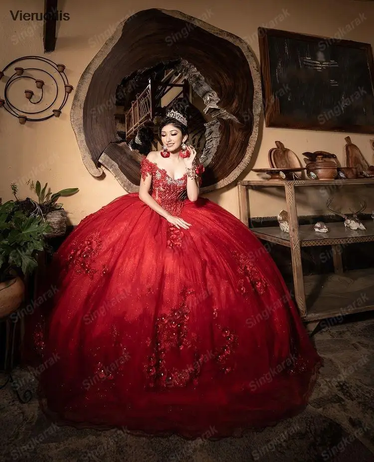 

Puffy Red Beaded Quinceanera Dresses Gorgeous Vestidos De 15 Anos 2022 Off the Shoulder Sweet 16 Dress Long Bridal Wedding Gowns