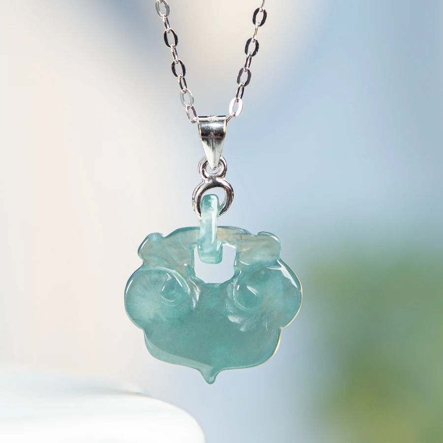 

TIMESWIND Natural A-type Jade Blue Ruyi Lock Ice Sense Pendant S925 Silver Women Necklace with Certificate