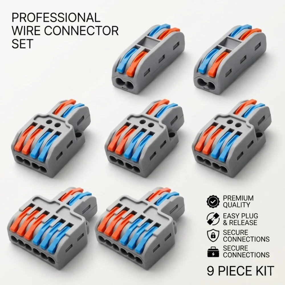 9pcs Compact Splicing Wire Connectors Assortment Pack Lever Connector Kit, Quick Wiring Connector for AWG 28-12