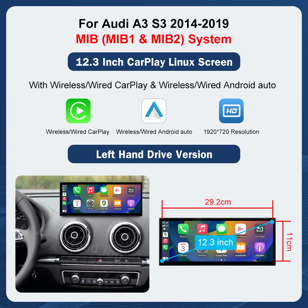 12.3 inch Touchscreen Multimedia Display Voor Audi A3 2014-2019 Airplay Miracast Functie Draadloze Carplay Android Auto
