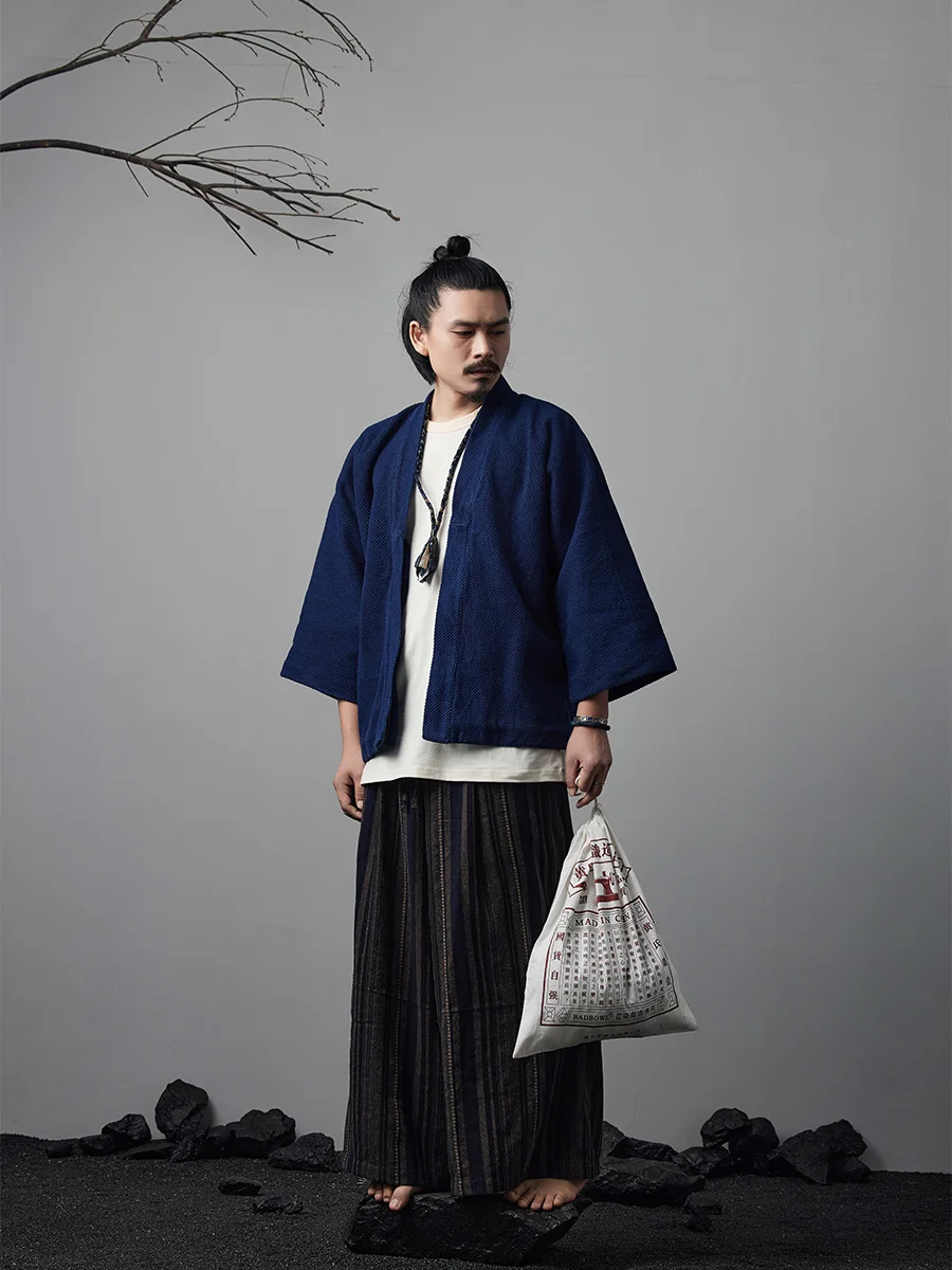 

Indigo-Dyed Robe Japanese Casual Loose Versatile Shoulder Kimono Retro Three-Quarter Sleeve Shirt Jacket Workwear